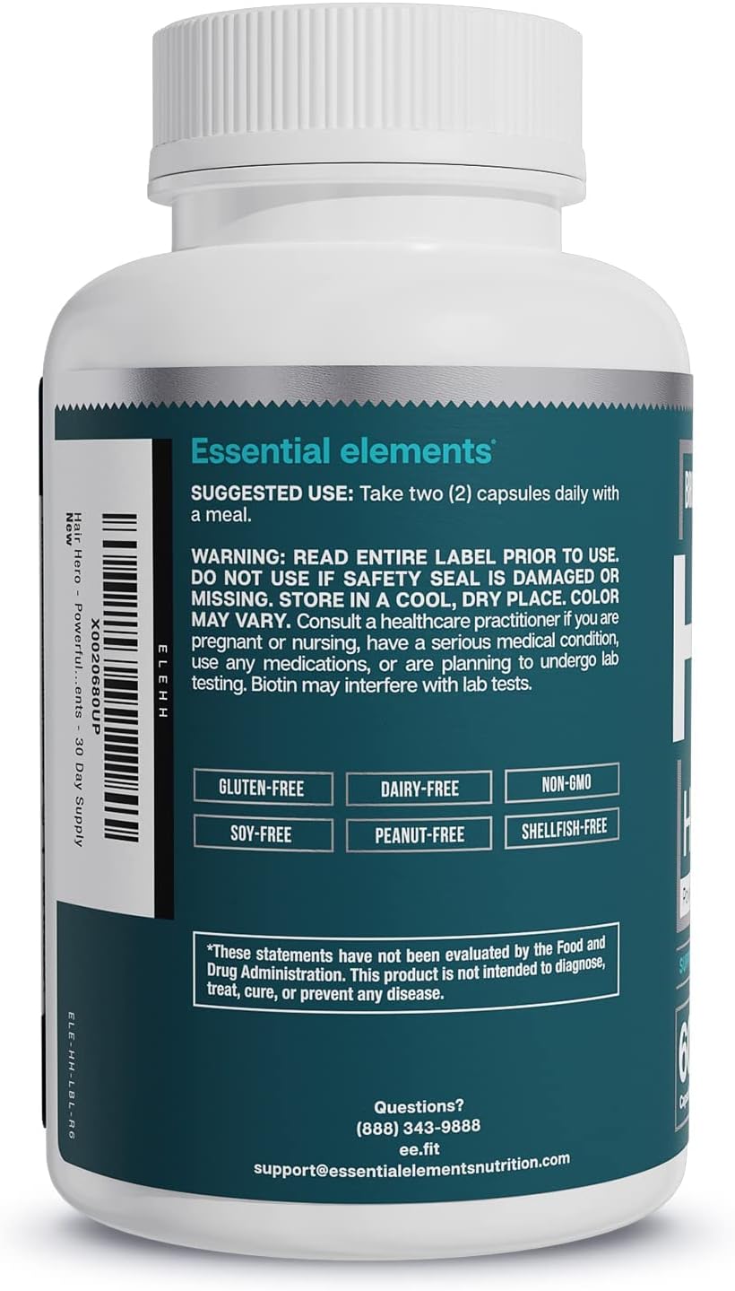 Essential Elements Hair Hero - Biotina 5000 mcg para hombres, 60 cápsulas (pack de 2)