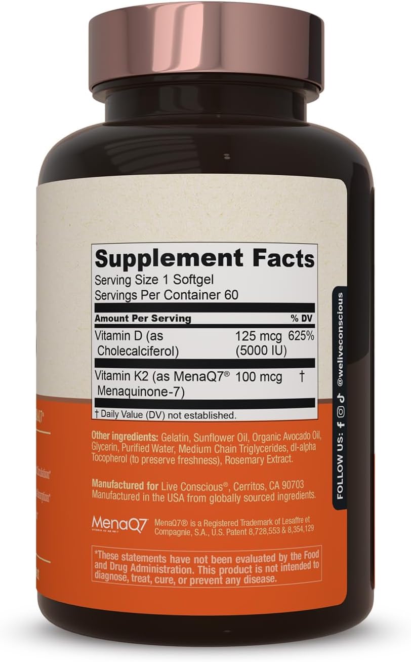Live Conscious Vitamina K2 MK7 con D3 5000 UI - Pack de 2