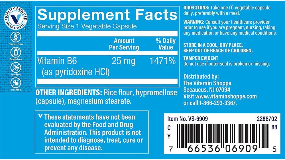 The Vitamin Shoppe Vitamin B6 25 mg - Apoyo Cerebro, Estado de Ánimo y Metabolismo Proteico - 100 Cápsulas Vegetales