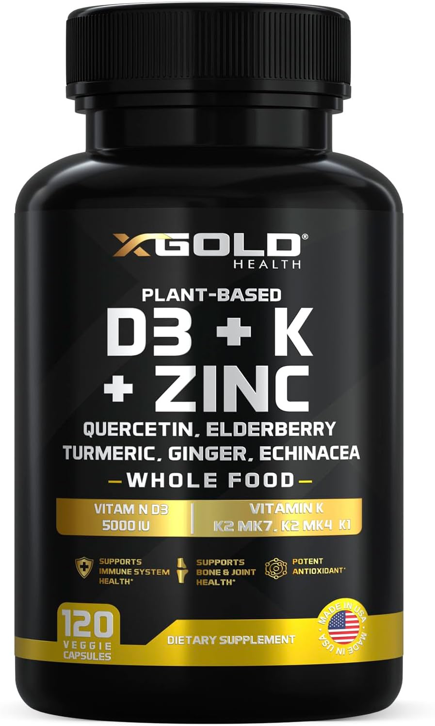 X Gold Health Complejo 8 en 1 con Vitamina D3, K2, K1, Zinc, Quercetina, Saúco, Cúrcuma, Jengibre y Equinácea - 120 Cápsulas Veganas