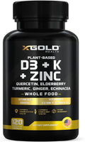 X Gold Health Complejo 8 en 1 con Vitamina D3, K2, K1, Zinc, Quercetina, Saúco, Cúrcuma, Jengibre y Equinácea - 120 Cápsulas Veganas