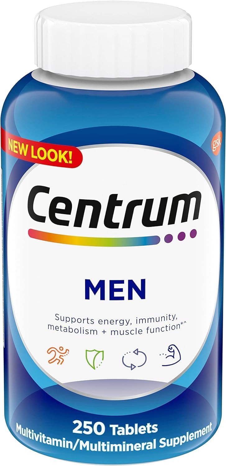 Centrum Multivitamínico para Hombres, Complejo Multivitamínico con Vitamina D3, Vitaminas B y Antioxidantes, Sin Gluten, Ingredientes No OGM - 250 Comprimidos