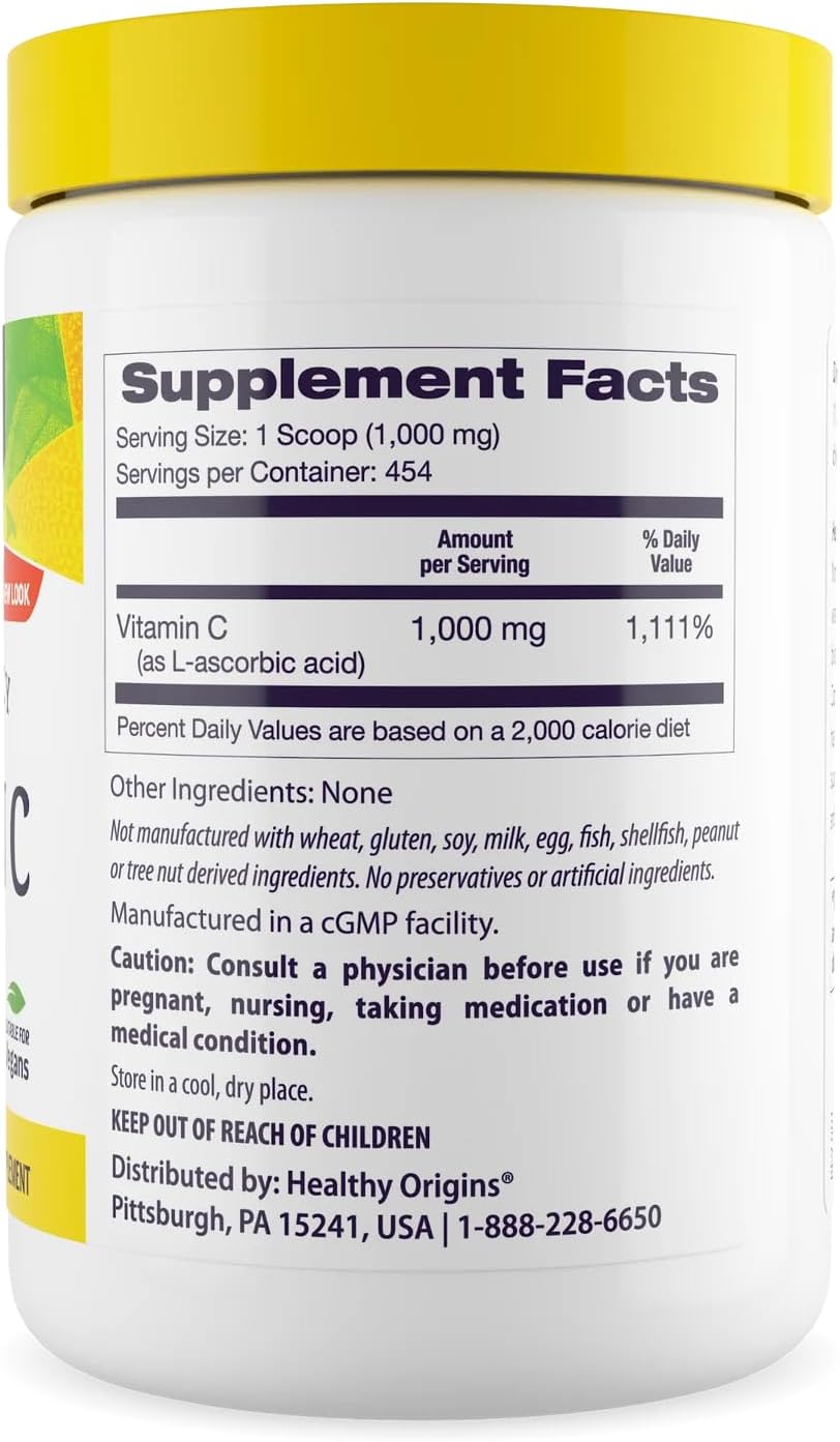 Healthy Origins Vitamina C en Polvo 1.000 mg (Sin OMG, Alta Potencia, Apoyo Inmunológico, Vegano) 454 g