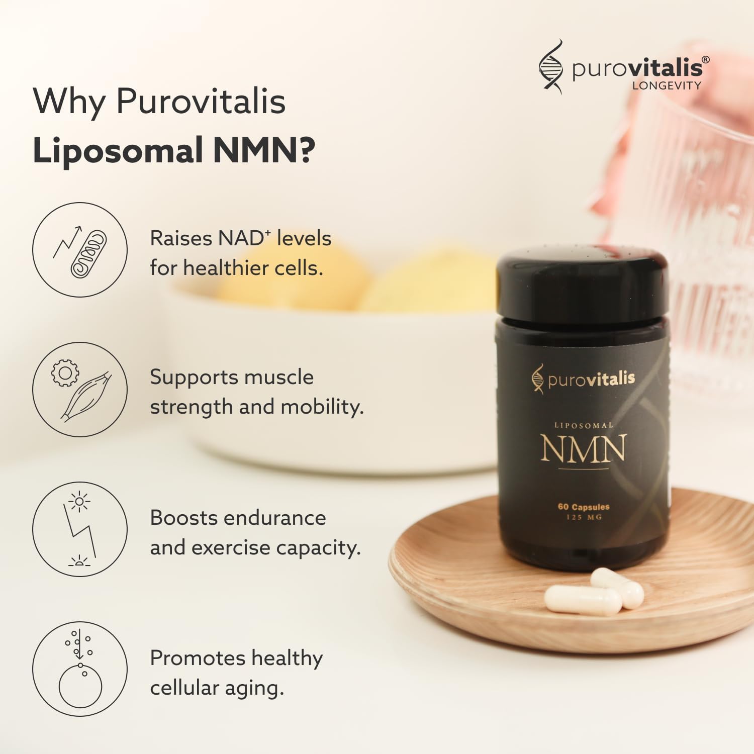 PUROVITALIS NMN Liposomal 250mg – Longevir Mononucleótido de Nicotinamida (60 Cápsulas Veganas)