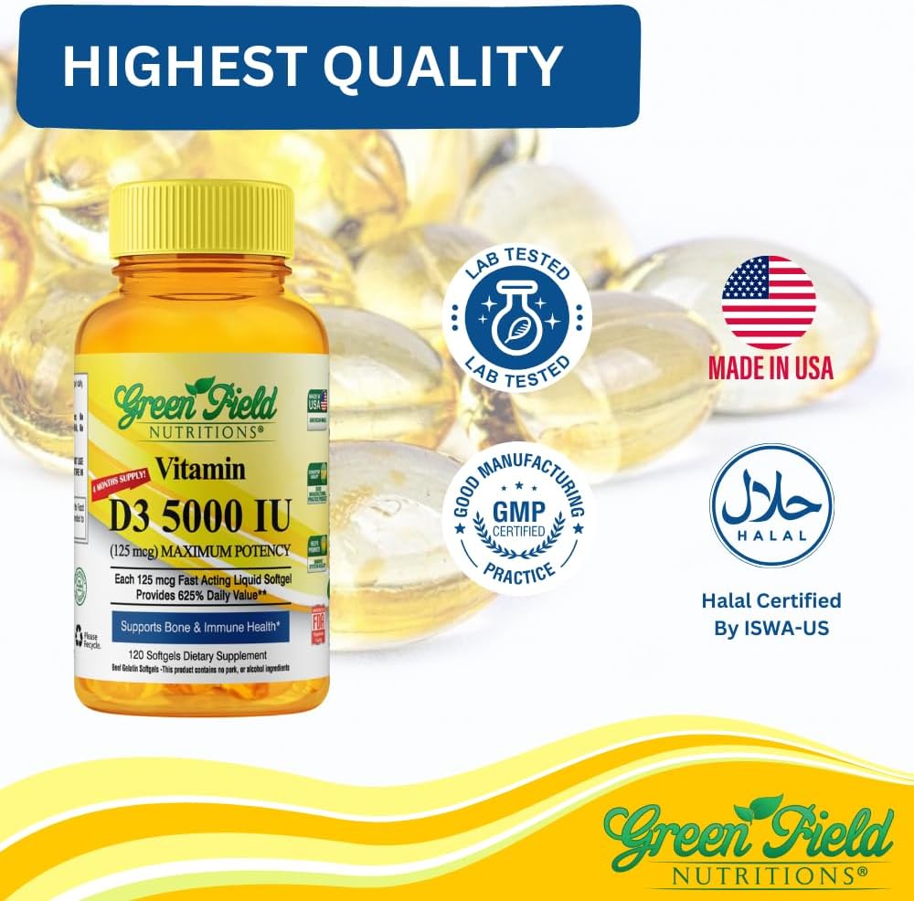 Greenfield Nutritions Vitamina D3 Halal 5000 IU - 120 Softgels de Gelatina de Res
