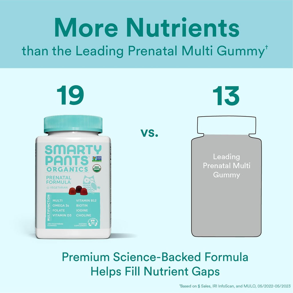 SmartyPants Vitaminas Prenatales Orgánicas, Gominolas Multivitamínicas: Biotina, Metilfolato, Omega 3 (ALA), Vitamina D3, C, B12, B6, A, K2 y Zinc, Colina, Vegetariano, 180 unidades (45 días)