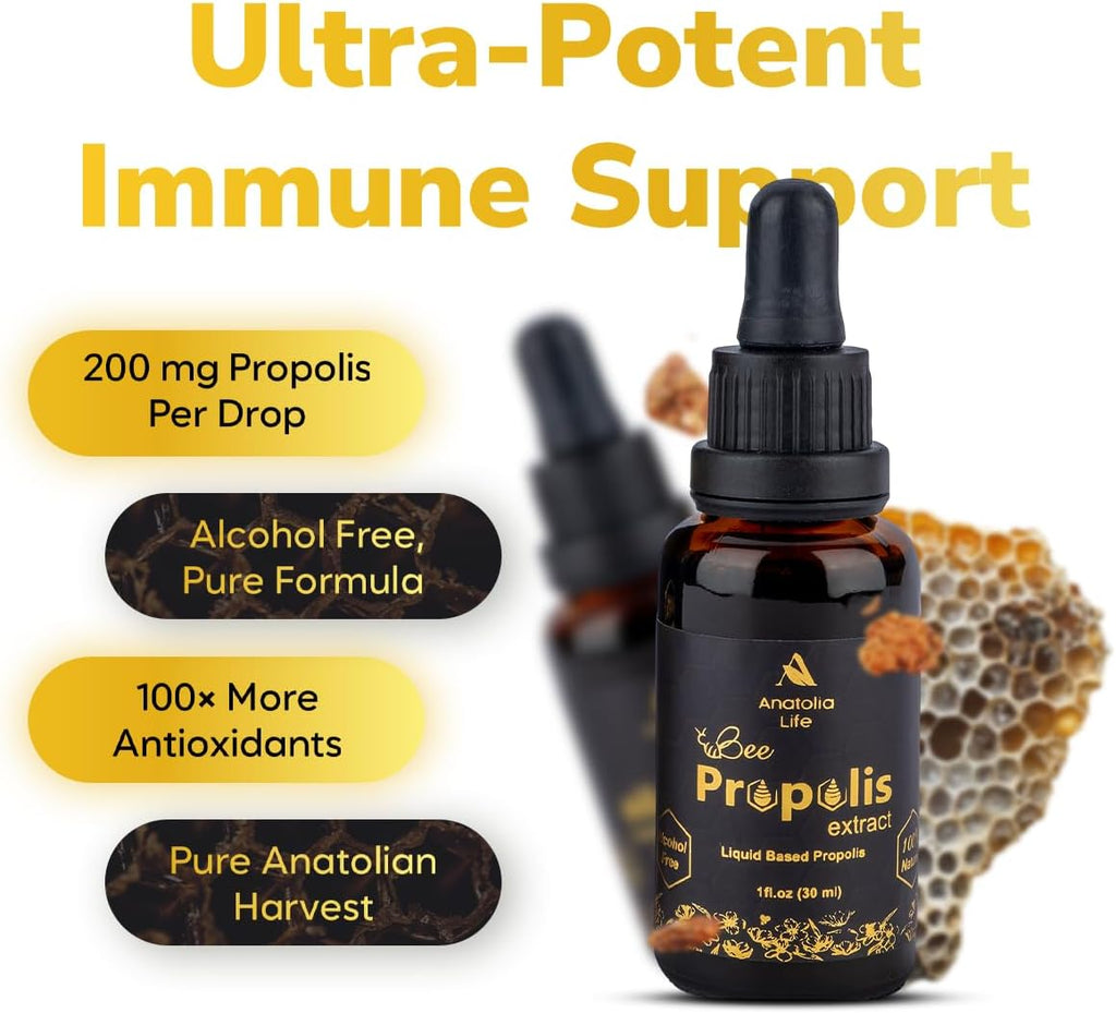 Natural Bee Propolis Extract, 30 mL, Advanced Liquid Tincture Immune System Booster and Seasonal Defense, Pure High Potency Herbal Supplement, Non-GMO and Alcohol Free (1 Pack)