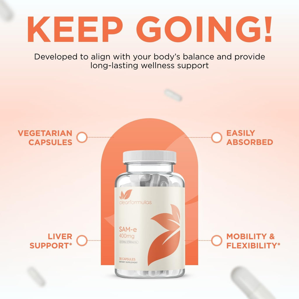 Clear Formulas Bioactive SAM-e 400mg - Suplemento de SAM-e de Alta Potencia con Forma S,S Activa - Vegano, Sin Gluten - 30 Cápsulas