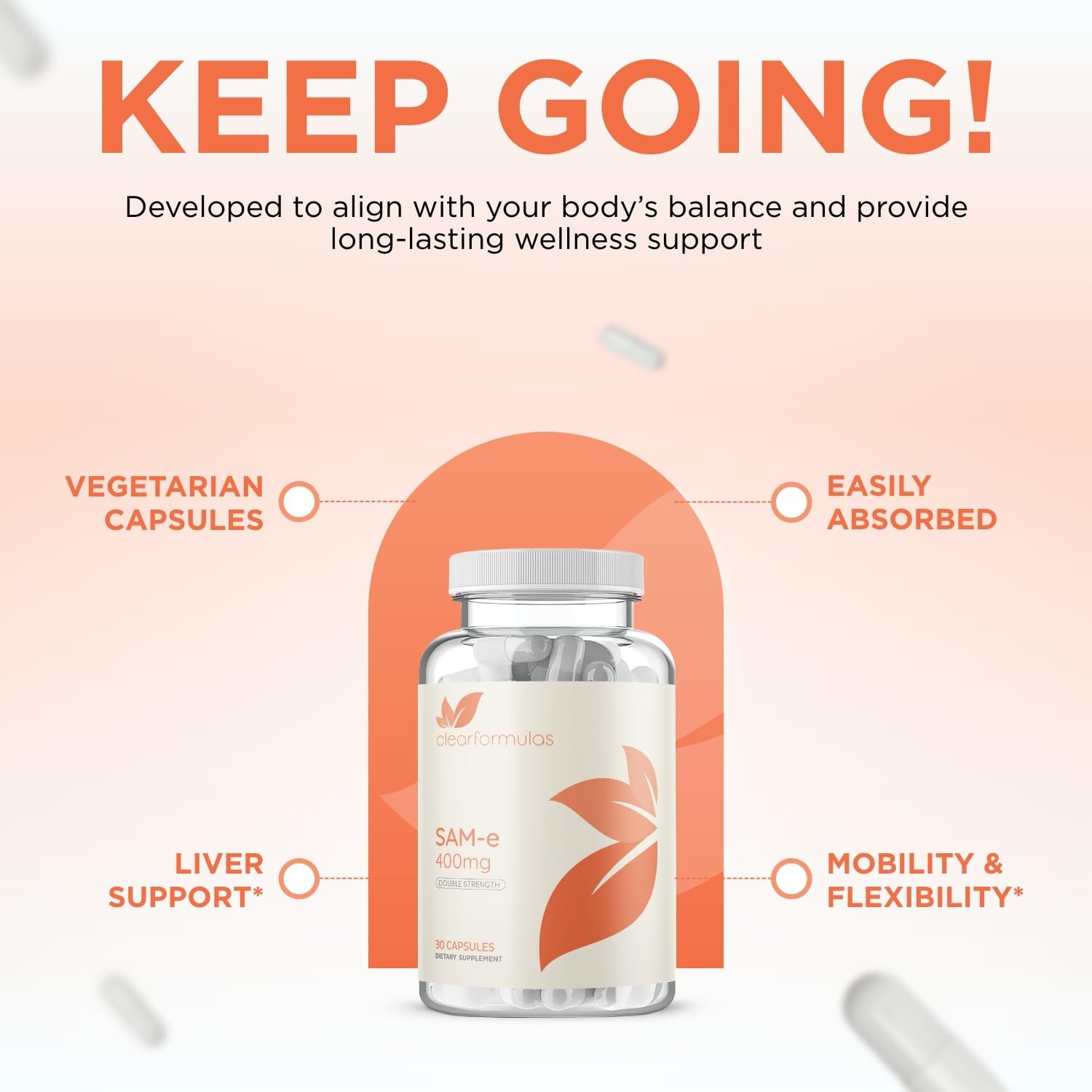 Clear Formulas Bioactive SAM-e 400mg - Suplemento de SAM-e de Alta Potencia con Forma S,S Activa - Vegano, Sin Gluten - 30 Cápsulas