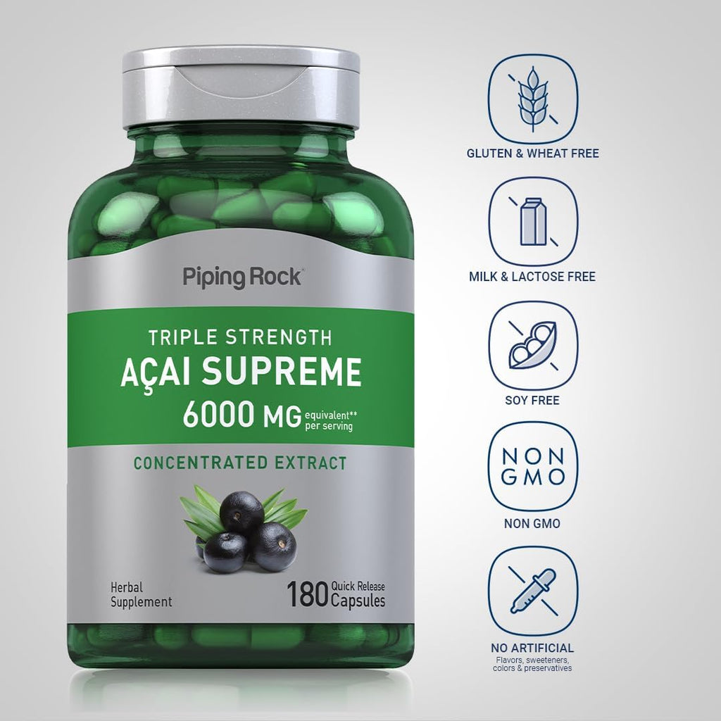 Piping Rock Acai Berry Supplement | 180 Cápsulas | Extracto Triple Concentrado | No Transgénico, Sin Gluten