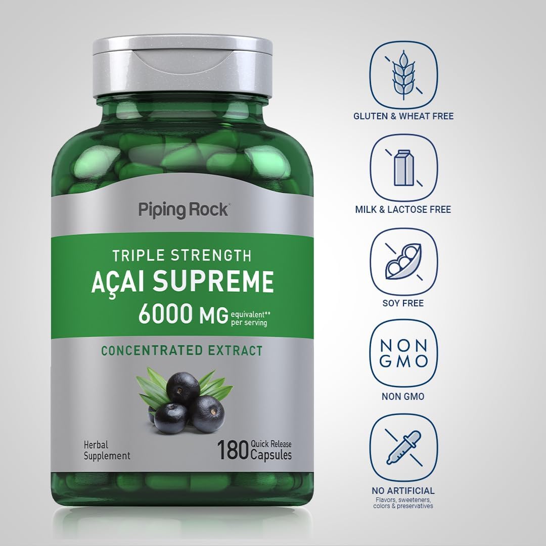Piping Rock Acai Berry Supplement | 180 Cápsulas | Extracto Triple Concentrado | No Transgénico, Sin Gluten