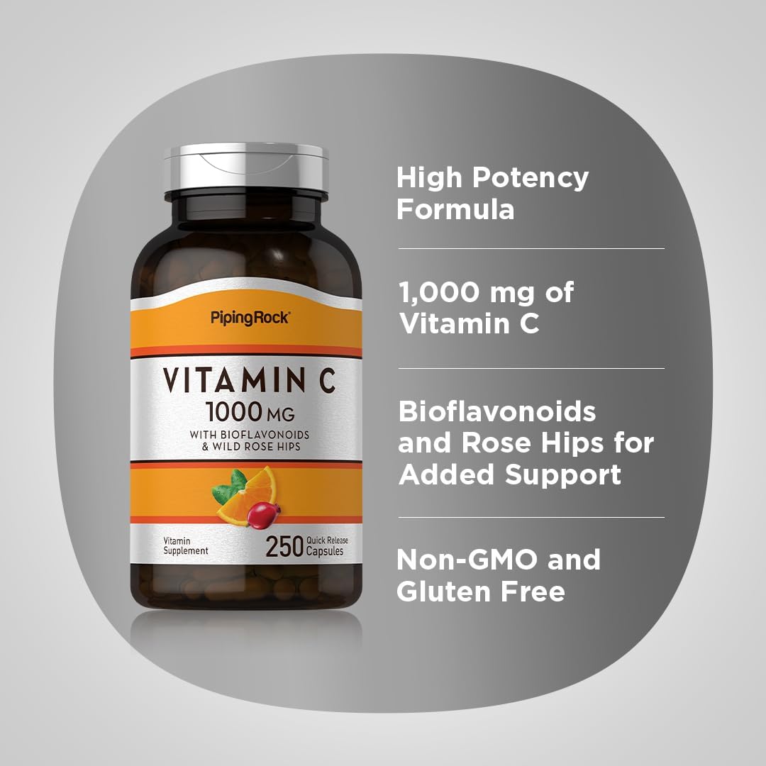 Piping Rock Vitamin C 1000mg | 250 Cápsulas | con Bioflavonoides y Escaramujo | Suplemento para Mujeres y Hombres | No-GMO, Sin Gluten