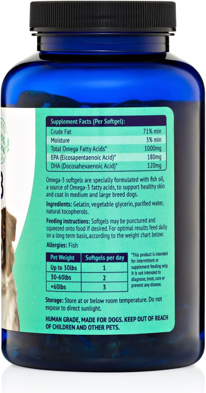 Pure Omega 3 Fish Oil for Dogs – Aceite de Pescado Salvaje de Islandia, 180 Cápsulas (1000 mg)