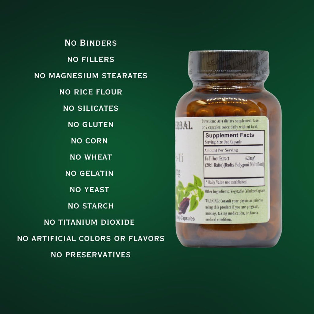 Fo-Ti | Extracto 20:1 de He Shou Wu | 625mg por Cápsula | 60 Cápsulas Vegetales | Suplemento Herbal Tradicional Chino | Sin Estearatos | Envase de Vidrio