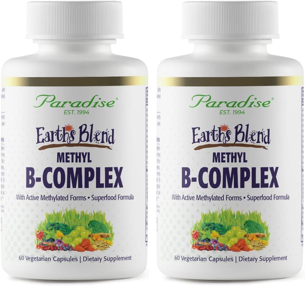 Paradise Herbs Earth's Blend B-Complex - Formas metiladas y enzimáticamente activas de vitaminas B + superalimentos, 60 cápsulas