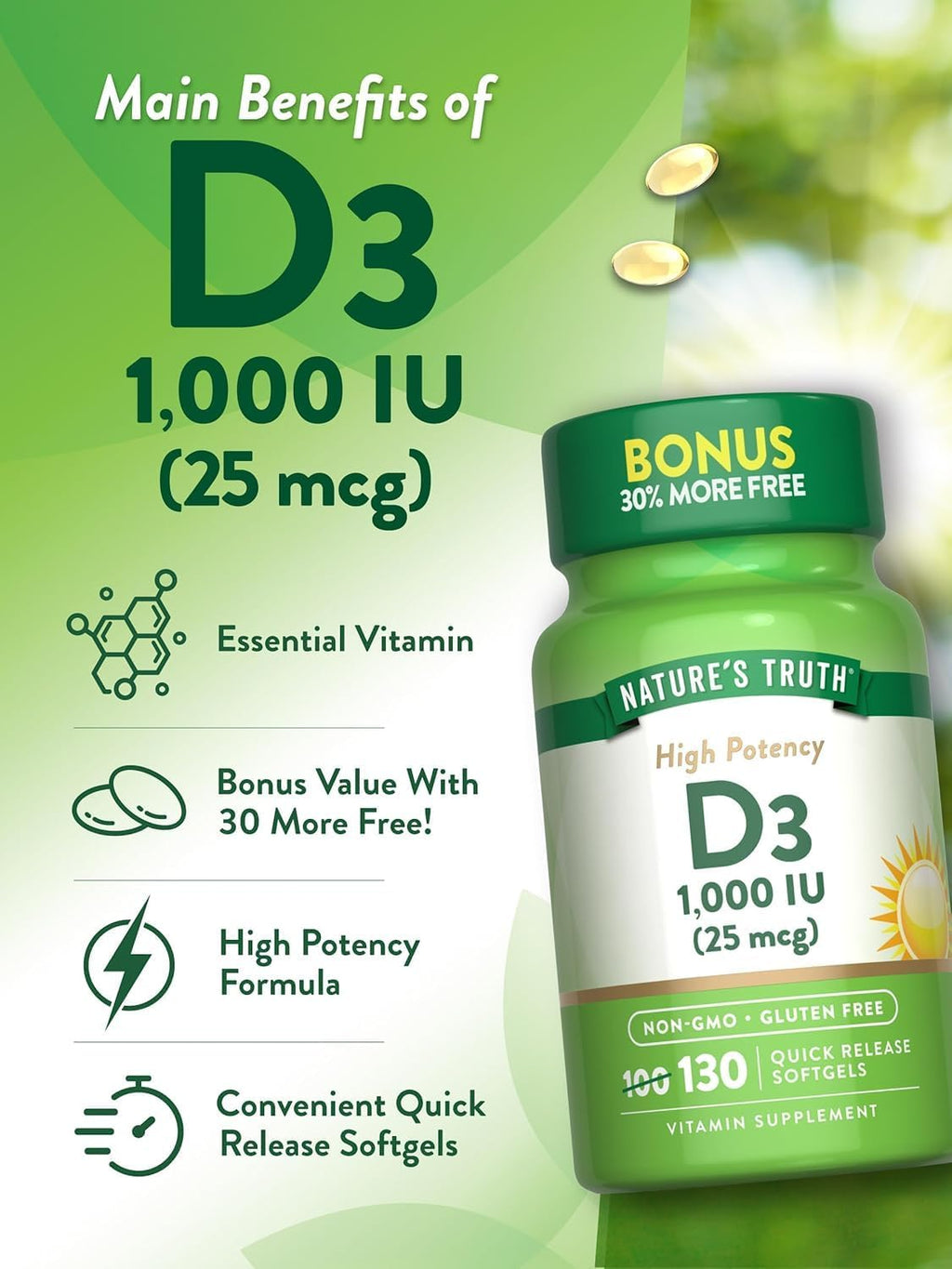 Nature's Truth Vitamina D3 1000 UI, 130 comprimidos (Pack de 3)