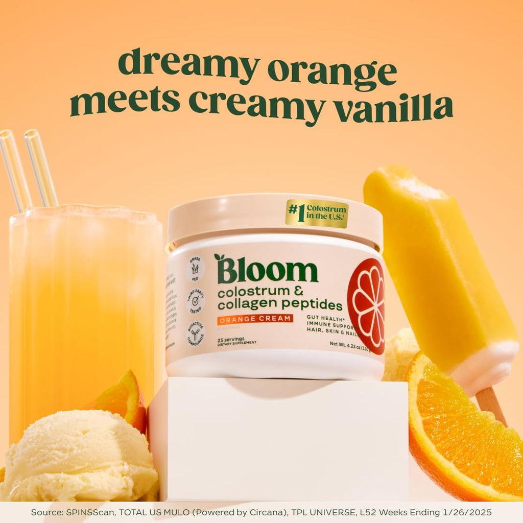Bloom Nutrition Colostro Bovino en Polvo con Vitamina B-12 - Sabor Crema de Naranja, 25 Dosis