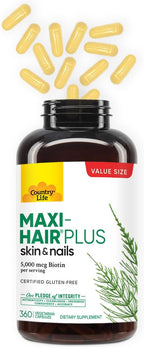 Country Life Maxi-Hair Plus Biotina 5000 mcg, 360 Cápsulas - Sin Gluten, Vegetariano