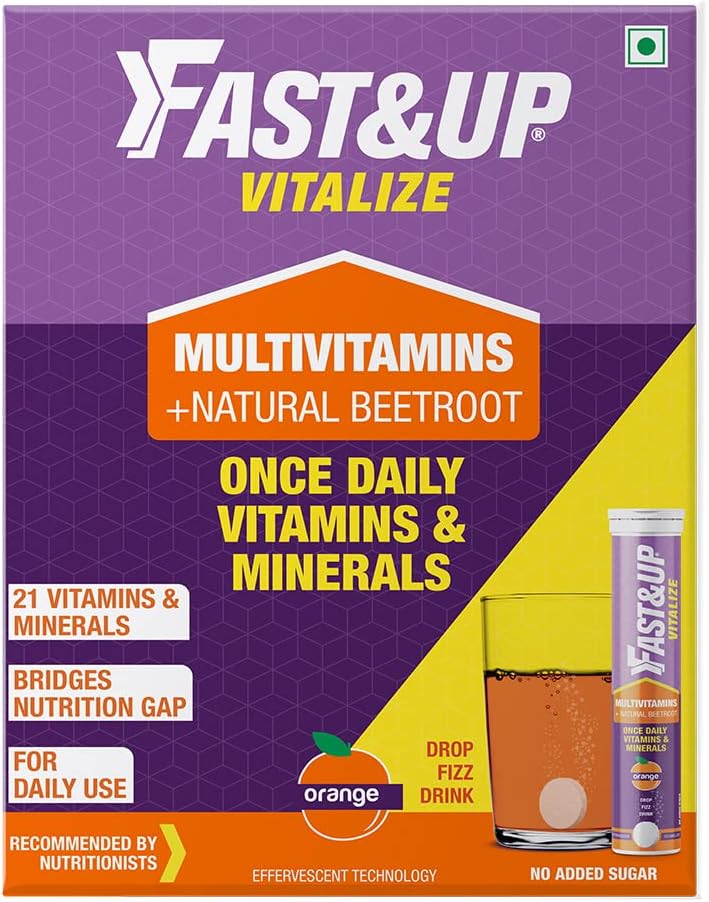 Fast & Up Vitalize Multivitamínico Efervescente - 21 Vitaminas y Minerales - 60 Comprimidos - Sabor Naranja