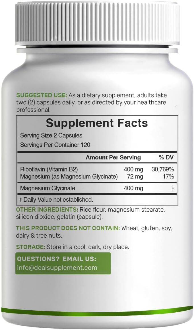 DEAL SUPPLEMENT Vitamina B2 400mg con Magnesio Glicinato 400mg, 240 Cápsulas