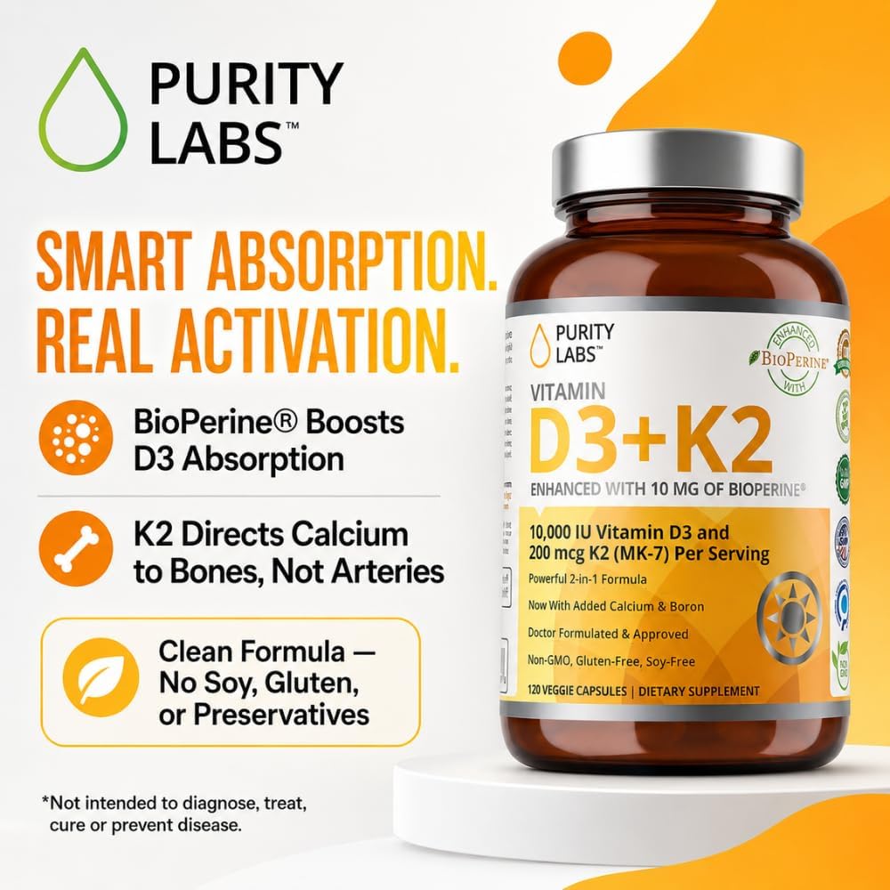 Purity Labs Vitamina D3 + K2 10000 IU, 200 mcg K2 MK-7 con Bioperine, 120 Cápsulas