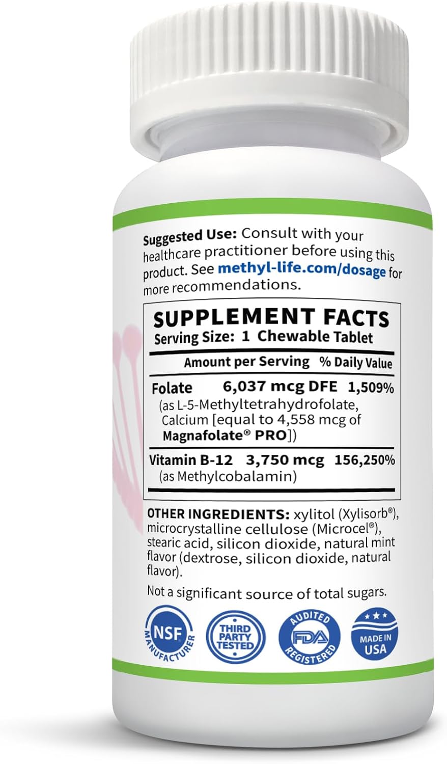 Methyl-Life® Masticable B-Metilado – 3 mg L-Metilfolato + B12 Metilada Sublingual (Metilcobalamina) | Folato Activo y Vitamina B12 | Vegano, Sin OGM, Sin Gluten