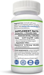Methyl-Life® Masticable B-Metilado – 3 mg L-Metilfolato + B12 Metilada Sublingual (Metilcobalamina) | Folato Activo y Vitamina B12 | Vegano, Sin OGM, Sin Gluten