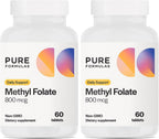 PureFormulas Methylfolate 800 mcg – Active B9 (5-MTHF) for Cardiovascular, Nerve & Mood Health, Non-GMO Vegetarian Tablets, 60 Count
