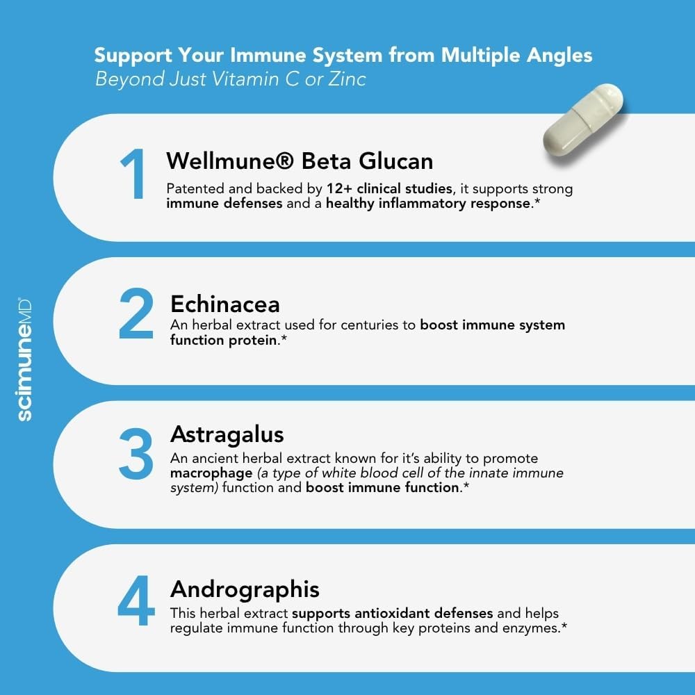 ScimeraMD® Scimune – Suplemento de apoyo inmunitario con zinc, quercetina, vitamina C, equinácea y Wellmune® beta-glucano, 30 cápsulas