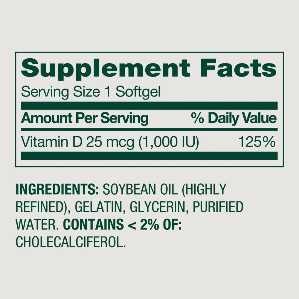 Spring Valley Vitamina D3 Suplemento en Cápsulas Blandas, 25 mcg (1.000 UI), 450 Unidades