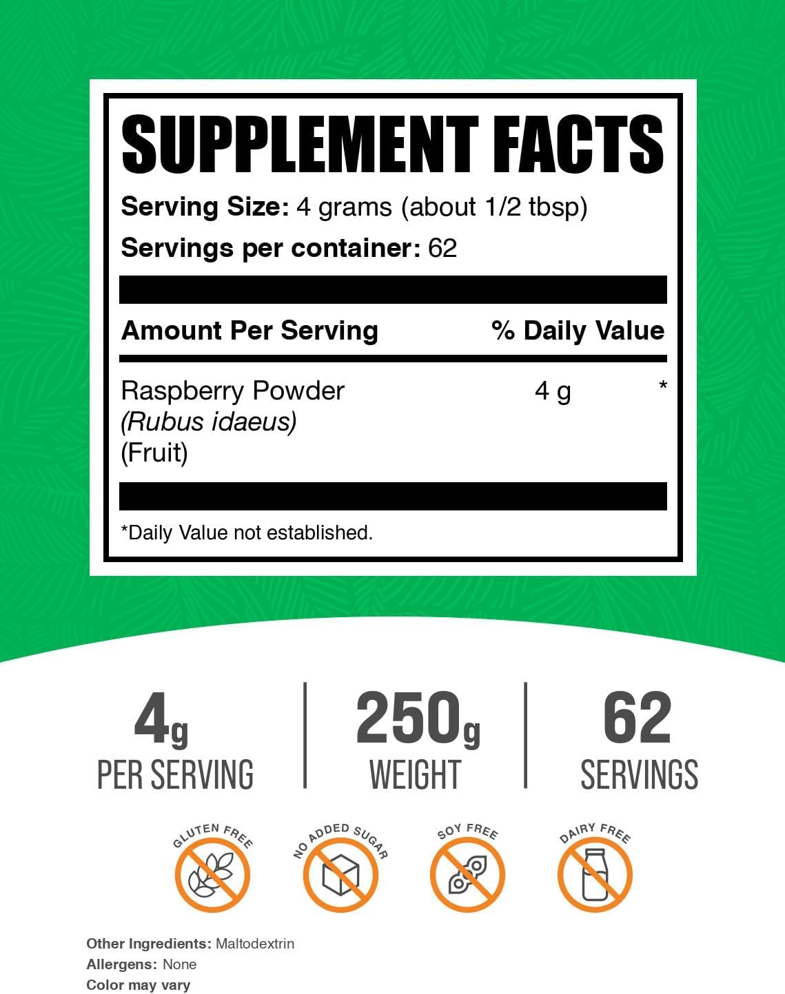 BulkSupplements Polvo de Frambuesa - 250g (8.8 oz)