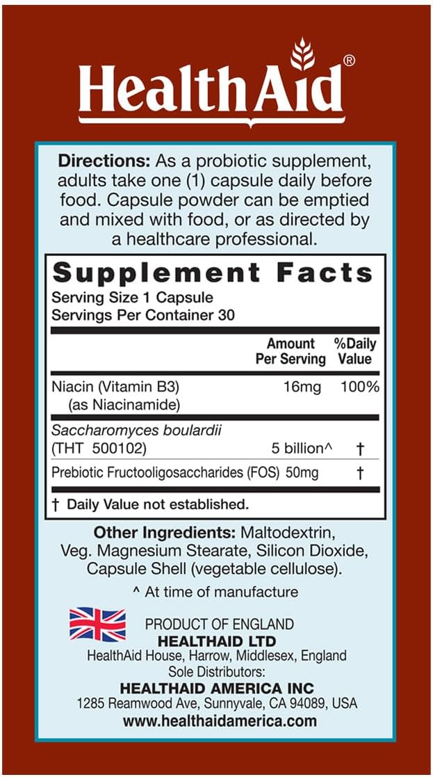 Sacardi Saccharomyces Boulardii – Once-Daily with Vitamin B3 & FOS | 5 Billion CFU | 30 Vegan Tablets | Dairy-Free & – Image 2