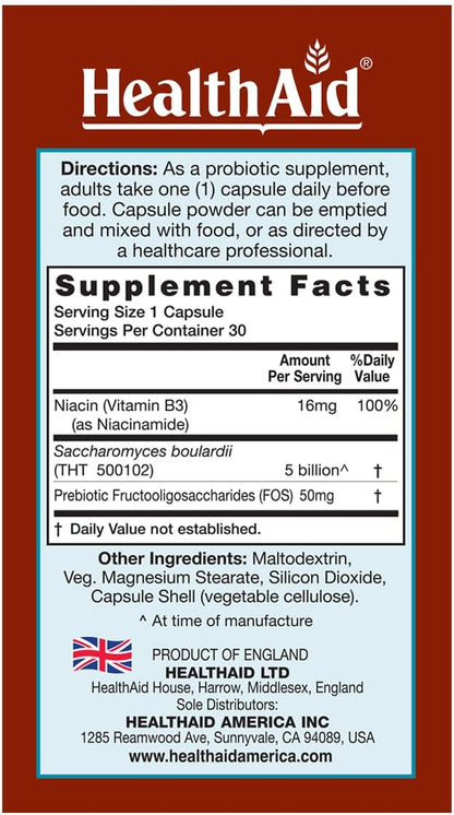 Sacardi Saccharomyces Boulardii – Once-Daily with Vitamin B3 & FOS | 5 Billion CFU | 30 Vegan Tablets | Dairy-Free & – Image 2