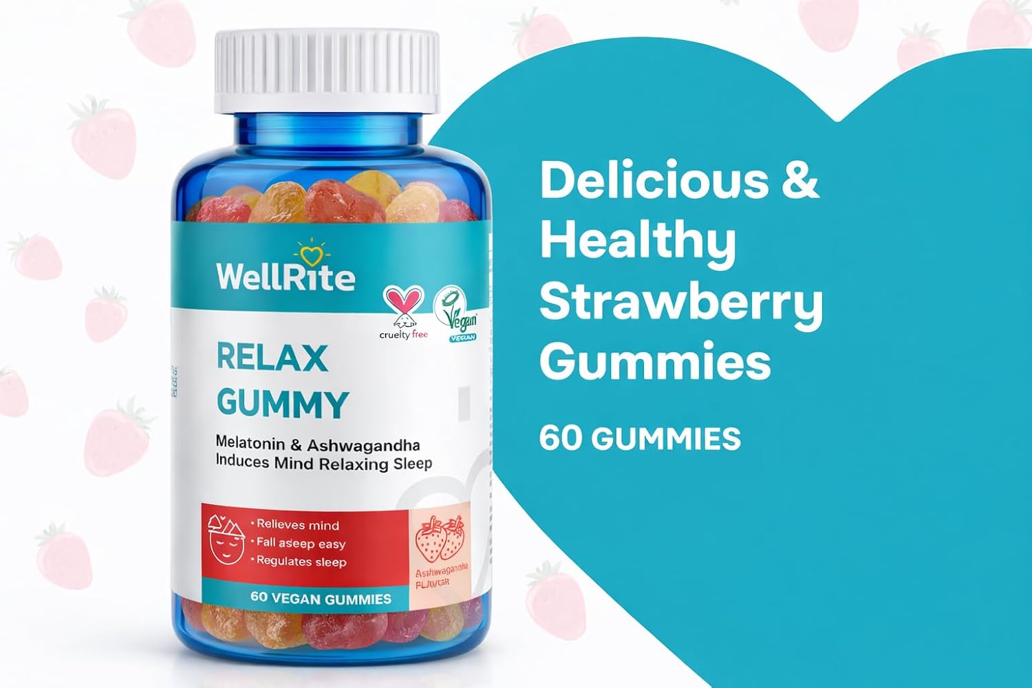 Wellrite Relax Gummy Vitamins con Ashwagandha y Melatonina – 60 Gominolas sabor fresa, veganas, sin gelatina, sin gluten, sin frutos secos