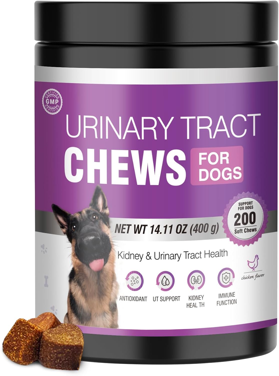 Suplemento de Arándano para Perros - 200 Chicles para la Salud Urinaria y Control de Vejiga - Sabor Pollo