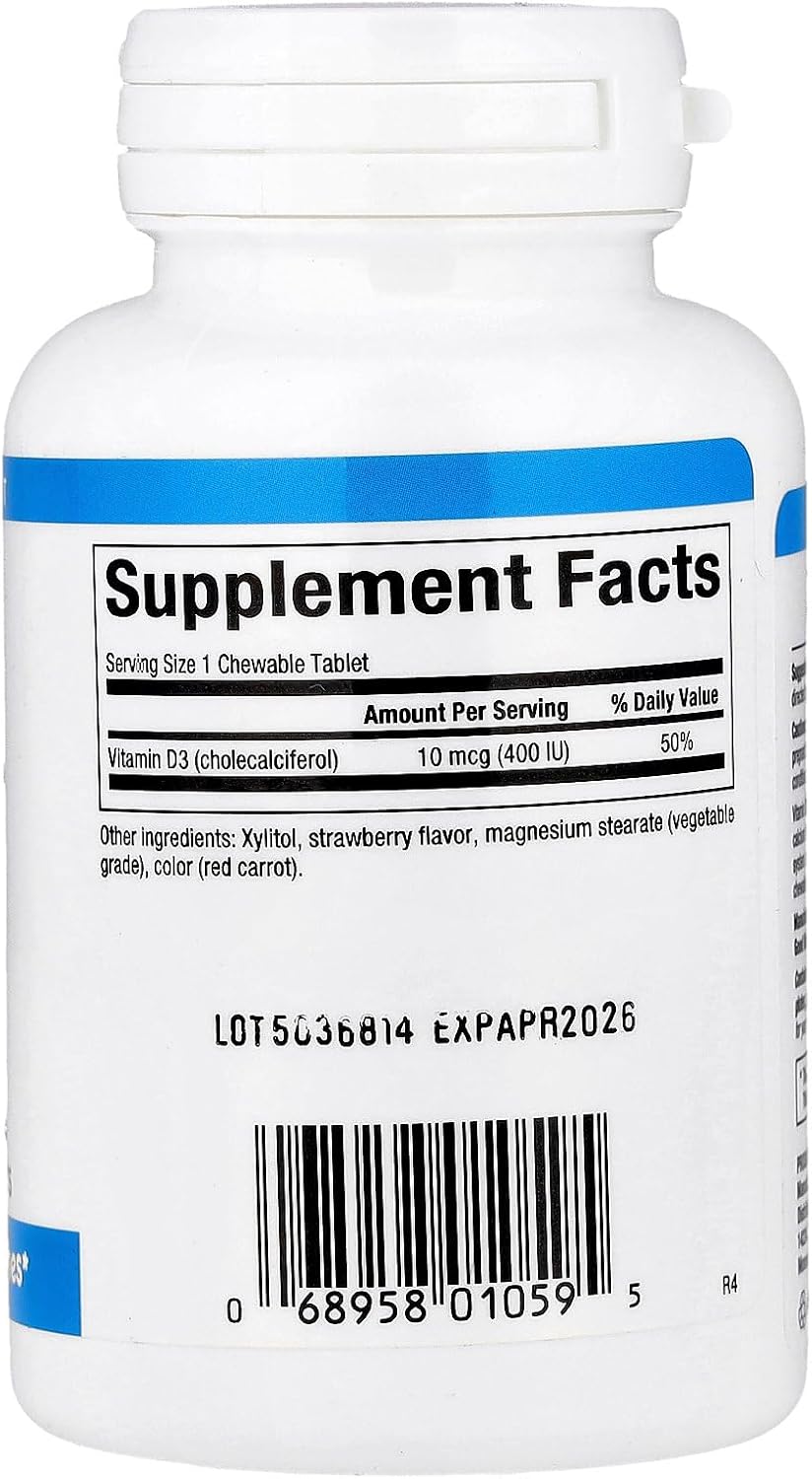 Natural Factors, Vitamina D3 400 UI, Apoya Huesos y Dientes Fuertes y la Función Inmunitaria, 100 Comprimidos Masticables