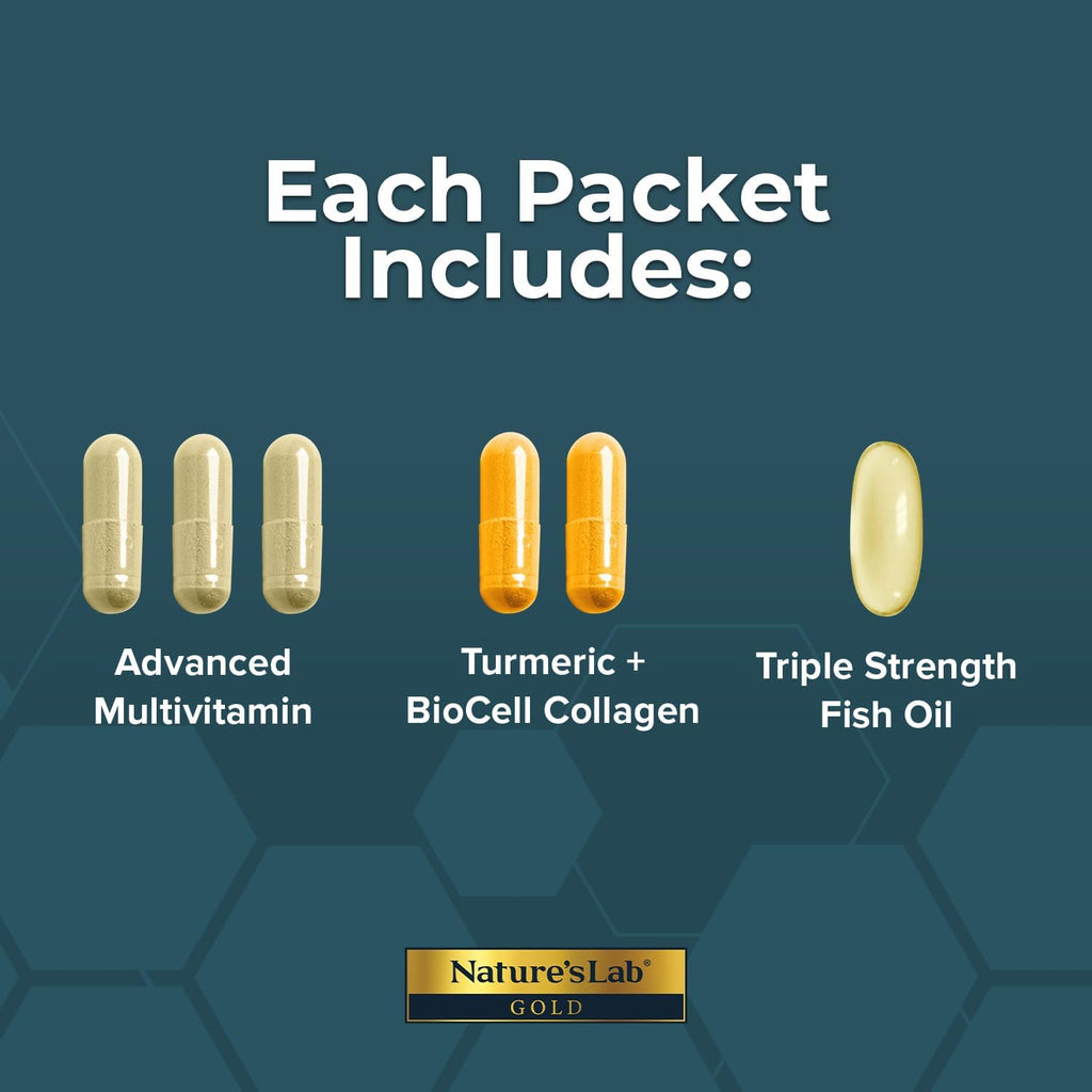 Nature's Lab Packs Diarios de Vitaminas para Hombres y Mujeres - Multivitamina + Omega 3 Triple Potencia + Cúrcuma para Articulaciones - Pack de Bienestar - 60 Sobres