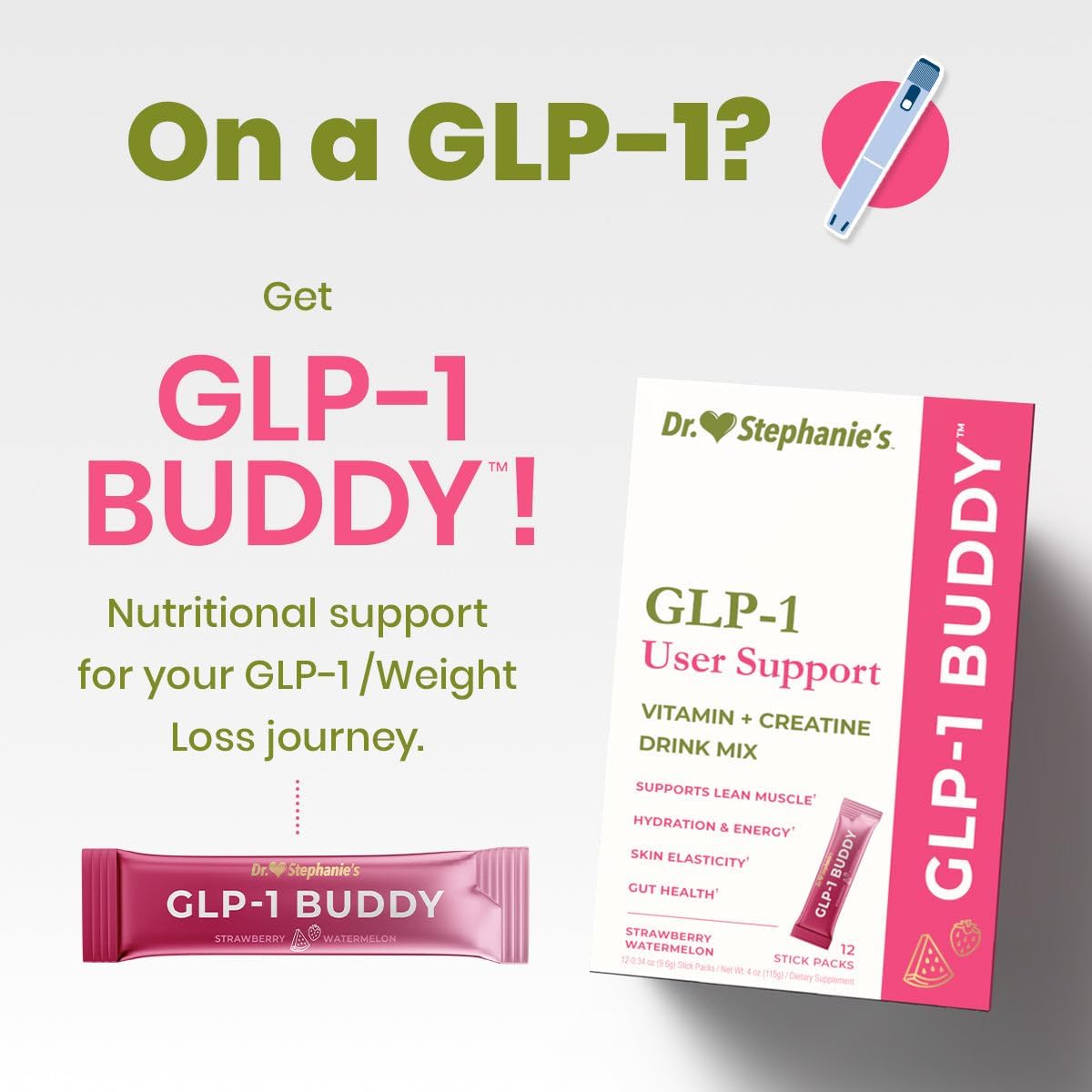 Dr. Stephanie's GLP-1 Buddy: Mezcla de bebida sabor fresa sandía para apoyo digestivo y preservación de masa muscular