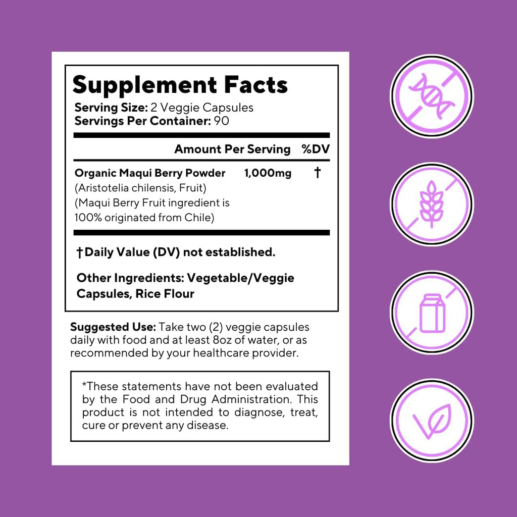 Maqui Berry 1000mg - Suplemento en Polvo de Maqui Berry - Vegano, No OGM y Sin Gluten - 180 Cápsulas Vegetales