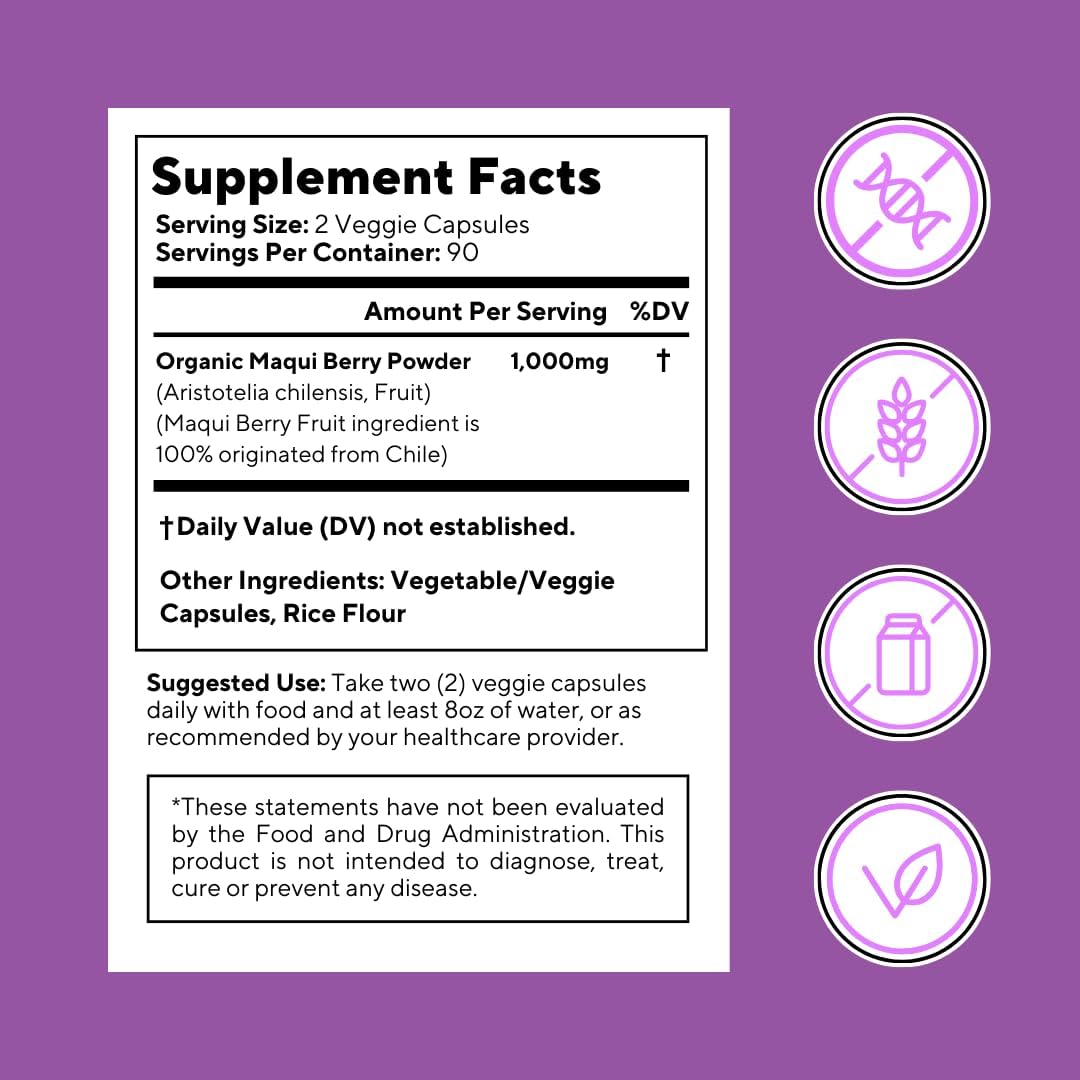 Maqui Berry 1000mg - Suplemento en Polvo de Maqui Berry - Vegano, No OGM y Sin Gluten - 180 Cápsulas Vegetales