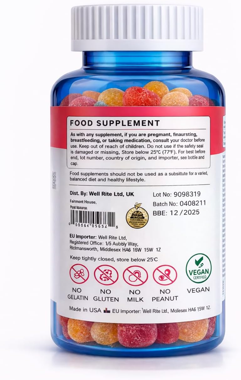 Wellrite Glow Skin Gummy Vitamins – Gominolas para la piel, 60 uds, sabor manzana, veganas