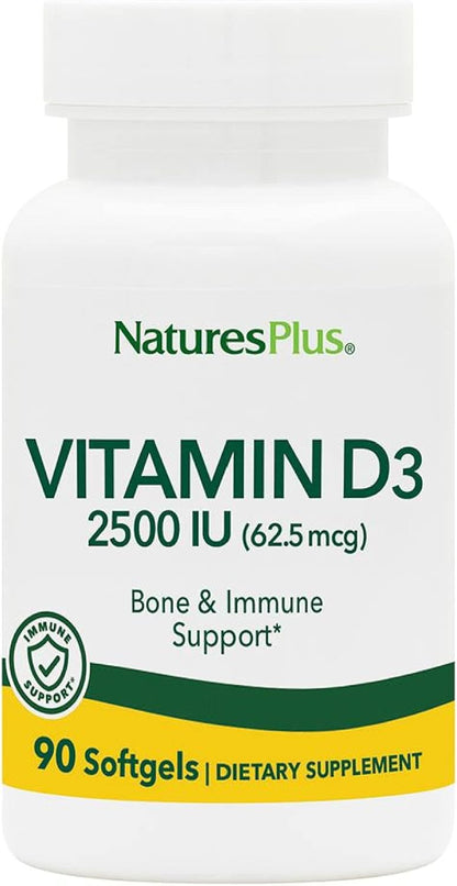 NaturesPlus Vitamina D3 2500 IU – 90 – Contribuye a la absorción y utilización normal del calcio y del fósforo. – Image 1