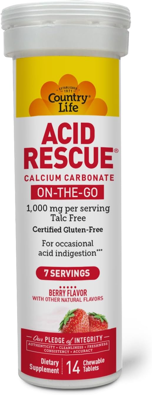 Country Life Acid Rescue Comprimidos Masticables - Alivio Rápido de la Acidez, 400mg Calcio y Magnesio, Vegano, Sin Gluten, 8 Envases (112 tabletas)