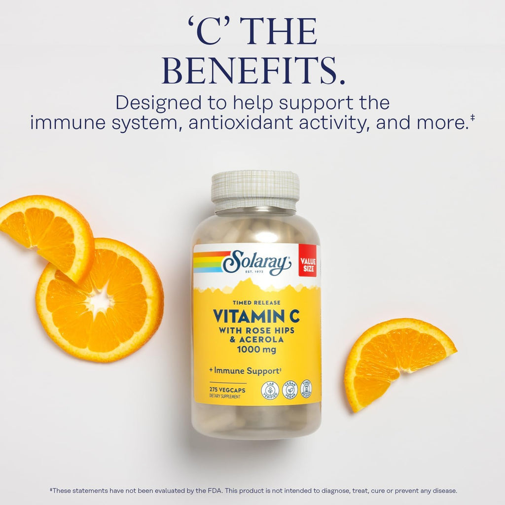 Solaray Vitamina C 1000mg - Cápsulas de Liberación Prolongada con Escaramujo y Acerola - 275 Cápsulas Veganas