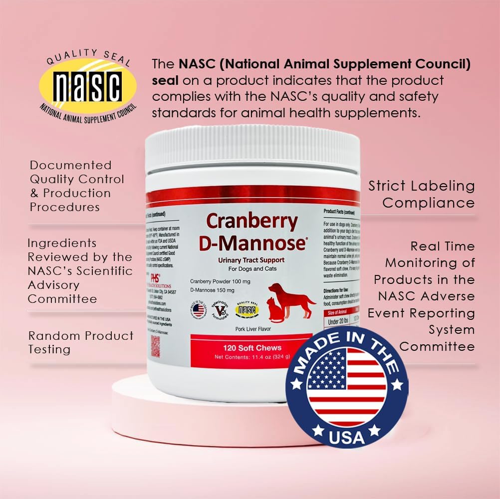 Cranberry and D-Mannose Supplement for Urinary Tract Health in Dogs and Cats - 120 Soft Chews