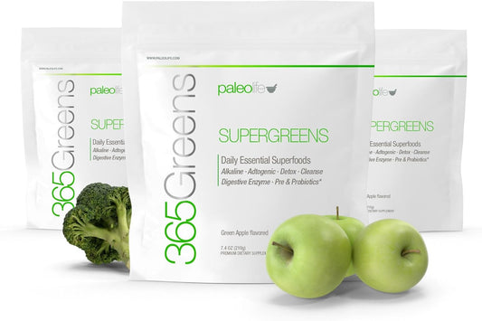 365Greens Daily Essential Premium Superalimento con 75 Minerales, Vitaminas, Verduras, Frutas y Adaptógenos, Verde 210 g (3 Unidades)