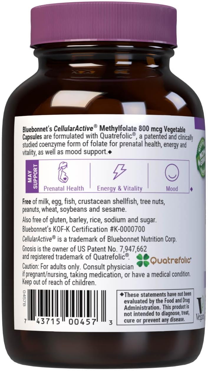 BlueBonnet Nutrition CellularActive Methylfolate 800 mcg – Quatrefolic – Apoyo Prenatal, Energía y Estado de Ánimo – 60 Cápsulas