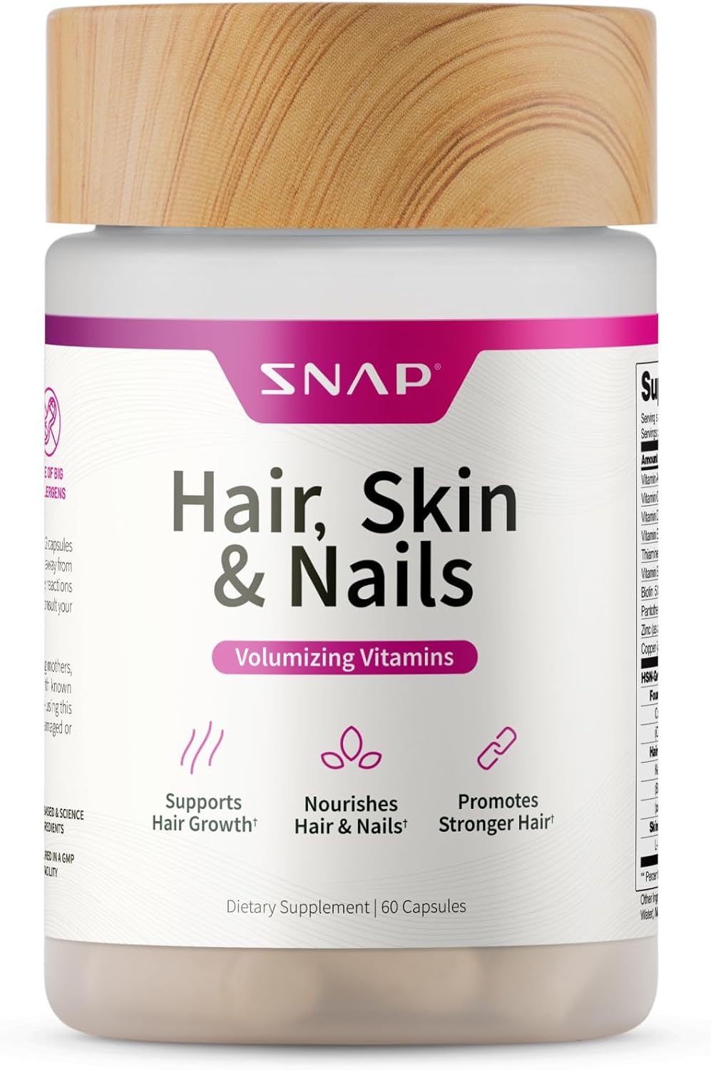 Snap Supplements Vitaminas para Cabello, Piel y Uñas con Biotina, Colágeno, Kelp y Bambú, 60 Cápsulas