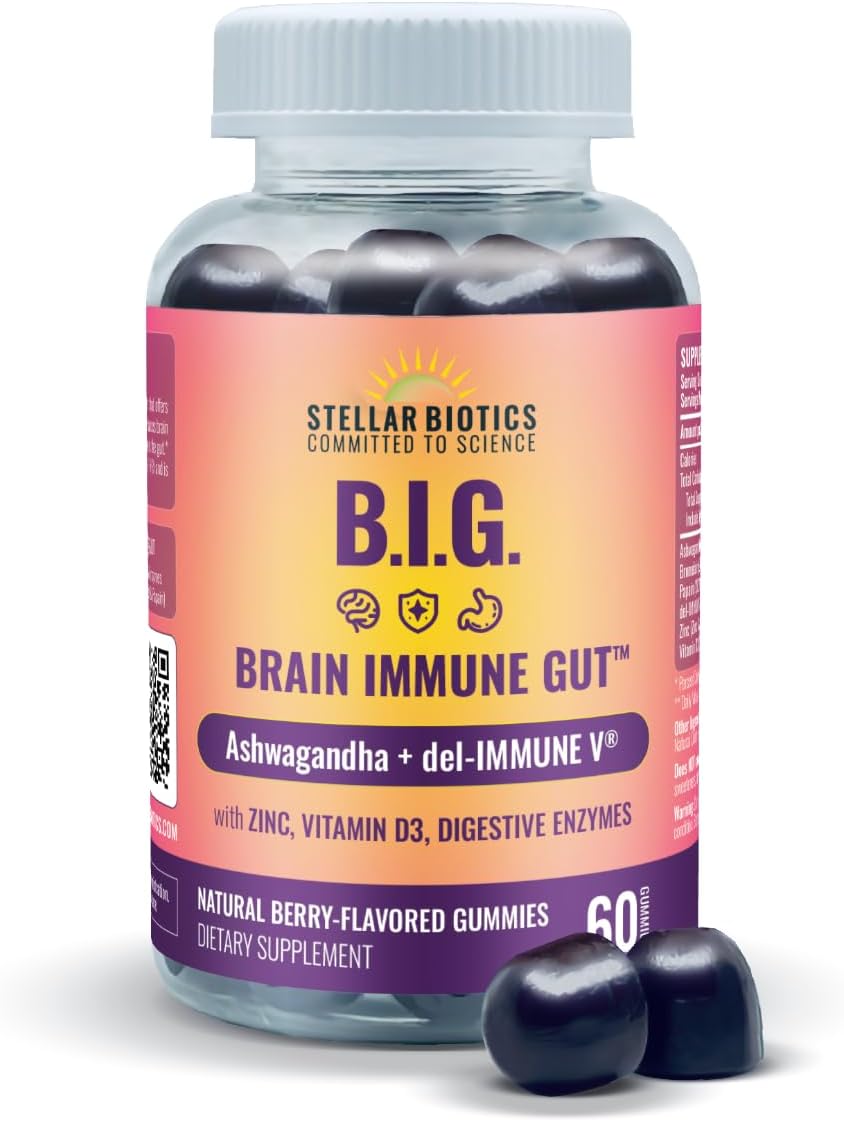 Del-Immune V + Ashwagandha - Gominolas B.I.G. (Brain Immune Gut) con Zinc, Vitamina D3 y Enzimas Digestivas (60 gominolas)
