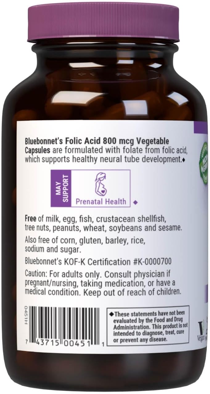 Bluebonnet Nutrition Ácido Fólico 800 mcg - 180 Cápsulas Vegetales